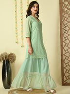 Myshka Women's Green Georgette Kurti & Skirt With Dupatta Party Sets
