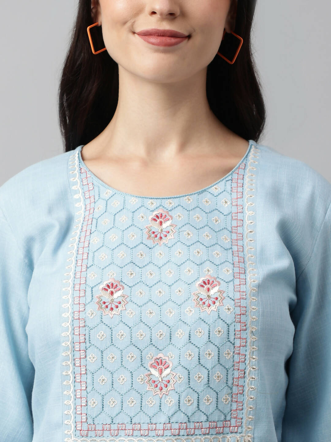 Light Blue Rayon Yoke Embroidered A-line Top - Tarini