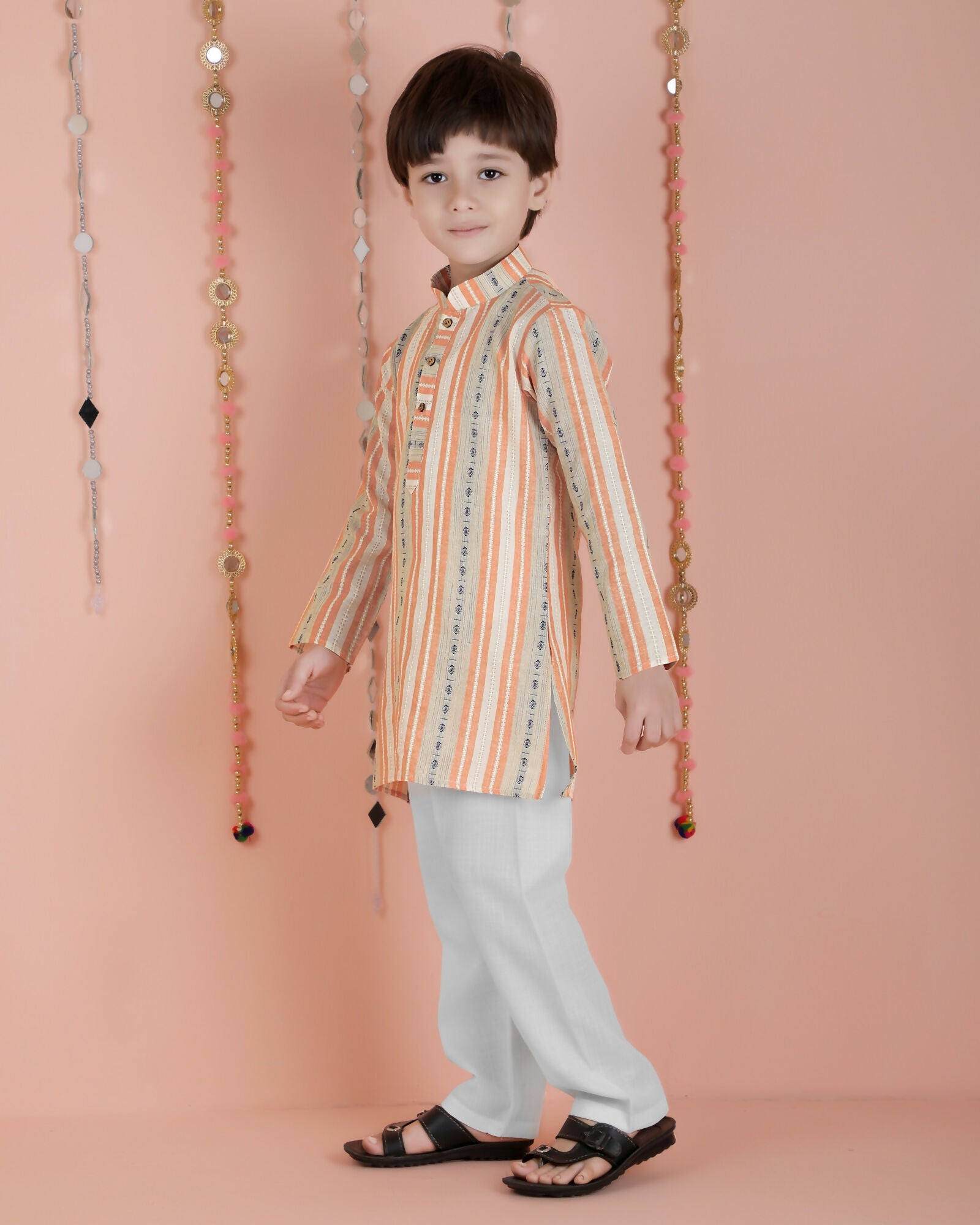 Joban Fashion Kids Island Cotton Full Sleeves Striped Kurta and Pyjama- Orange - Distacart