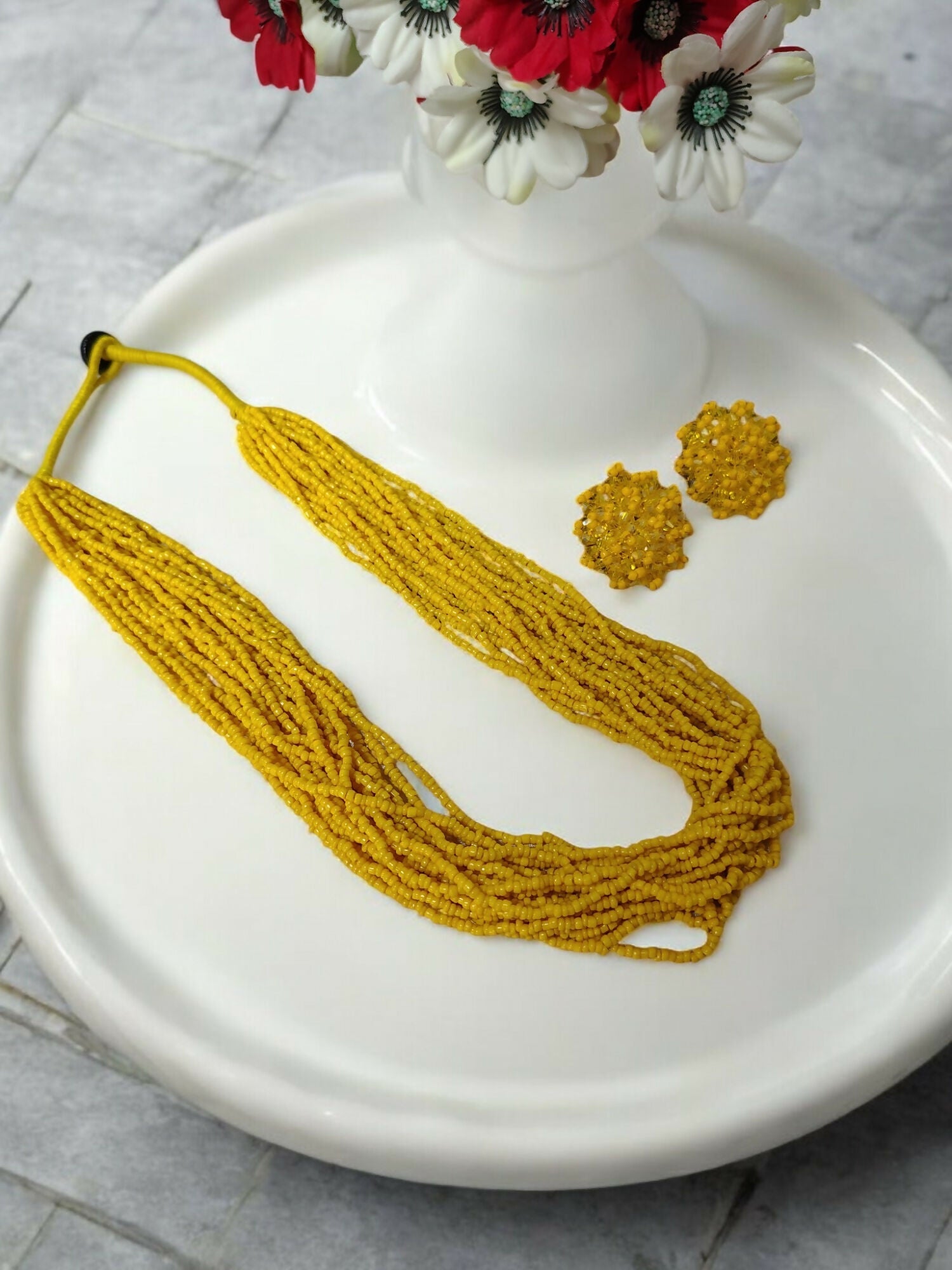 Inhanns Vibrant Handmade 20 Layers Beaded Necklace With Matching Earrings - Yellow