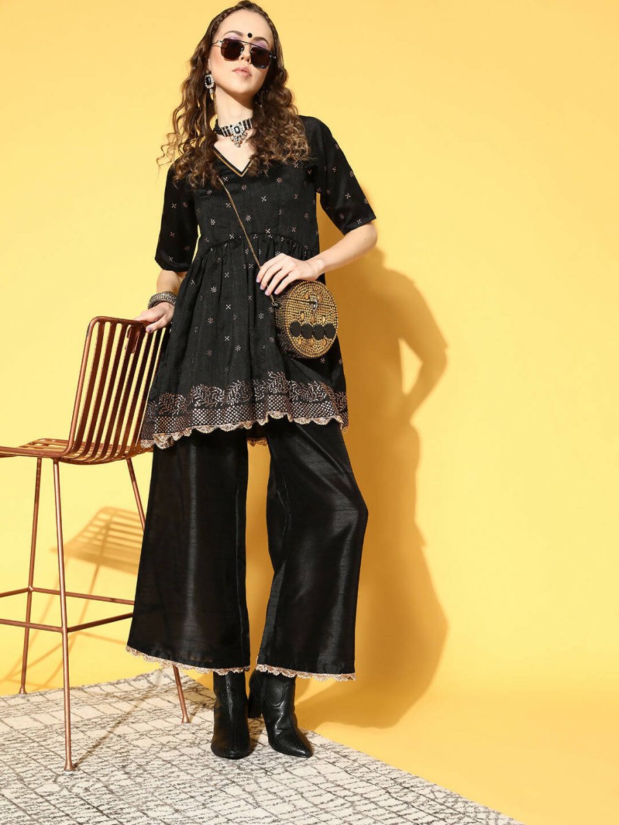 Ahalyaa Women Black Colour Poly Silk Copper Printed Top Palazzo Set - Distacart