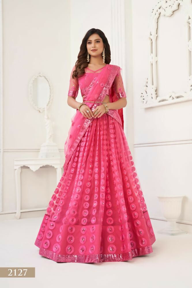 Aastha Fashion Bright Pink Butterfly Net Tone To Tone Thread Work And Sequence Work Embroidery Wedding Wear Lehenga Choli