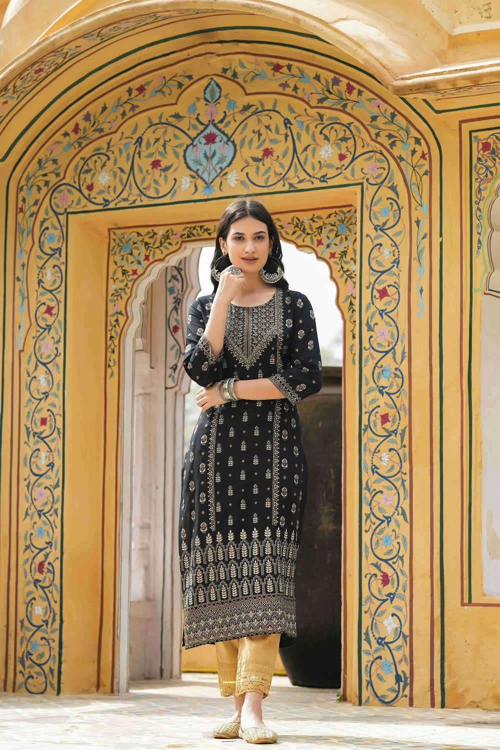 Juniper Black Rayon Festive Printed Straight Kurta For Women - Distacart