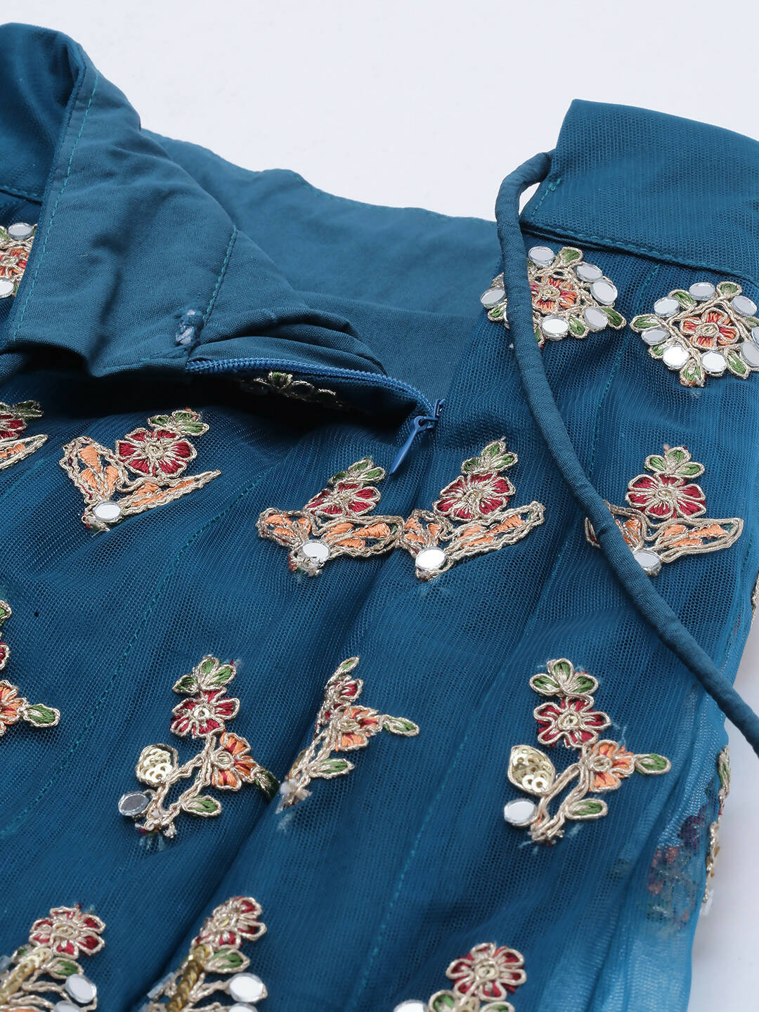 House of Panchhi Teal Net Semi stitched Mirror and Coding Work Lehenga Choli