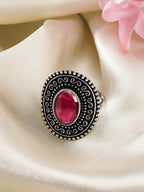 NVR Women's Pink Silver-Toned German Silver Adjustable Finger Ring