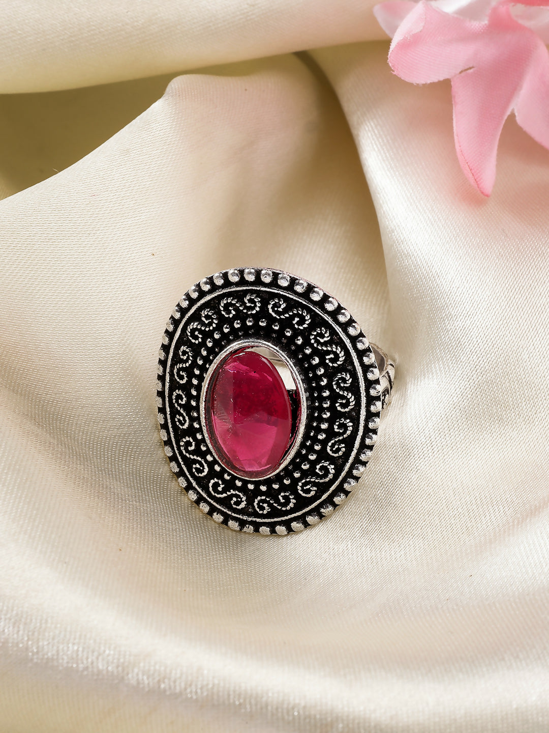 NVR Women's Pink Silver-Toned German Silver Adjustable Finger Ring