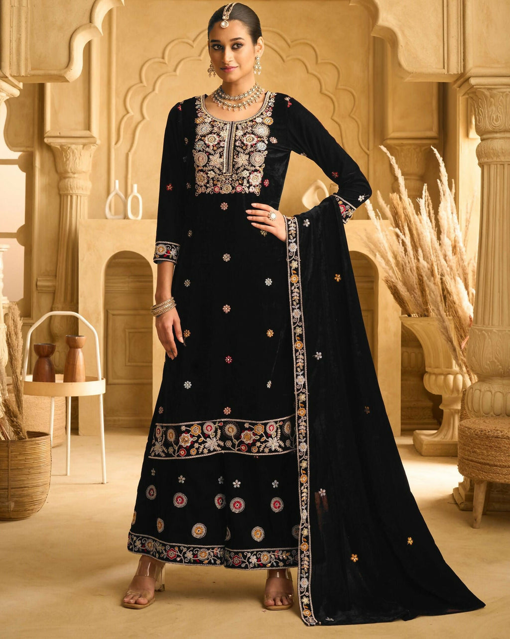 Anaita Black Embroidered Work Velvet Stitched Plazo Suit - Distacart