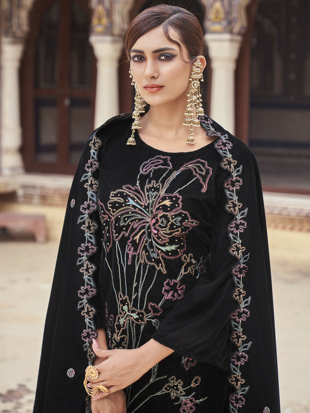 Jyoti Fashion Women's Black Velvet Resham Thread with Jari & Sequin Kurta with Trouser & Dupatta