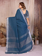 Anaita Navy Blue Weaving Linen Cotton Saree With Blouse - Distacart