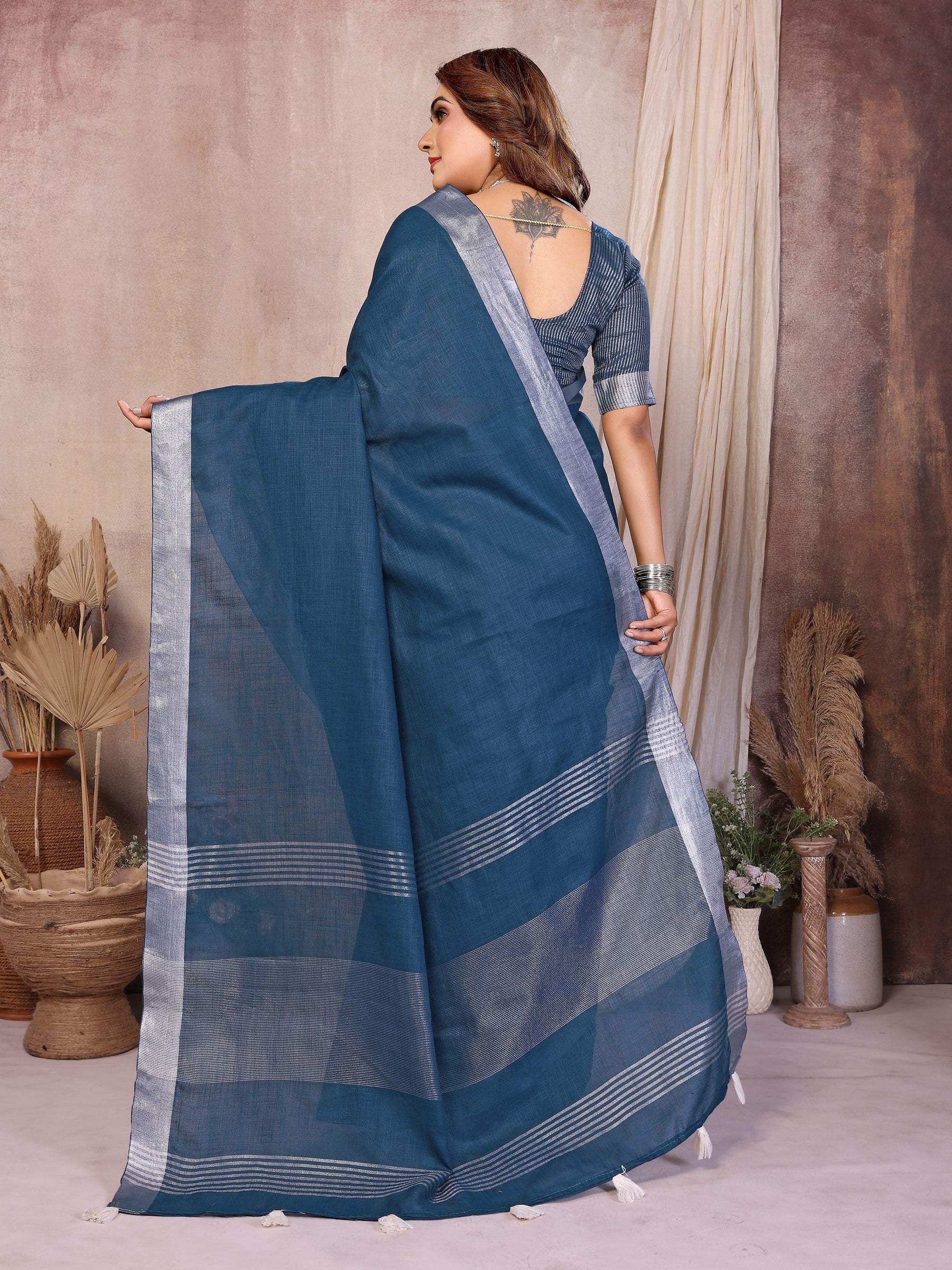 Anaita Navy Blue Weaving Linen Cotton Saree With Blouse - Distacart