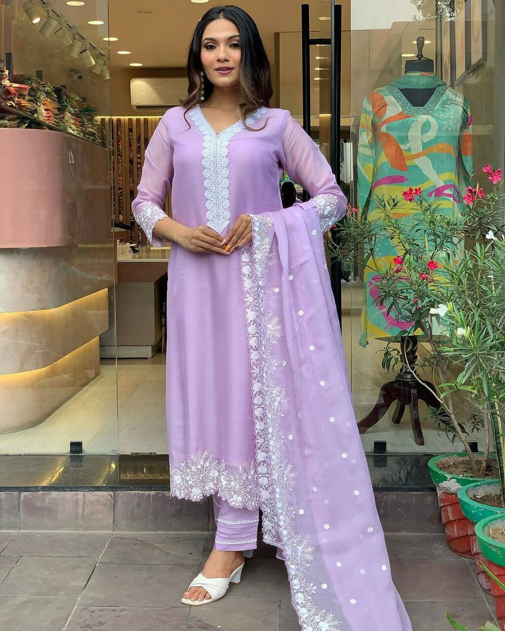 The52 Lavender Women's Gorgeous Embroidered Georgette Fabric Straight Kurta Pant with Dupatta Set - Distacart