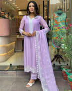 The52 Lavender Women's Gorgeous Embroidered Georgette Fabric Straight Kurta Pant with Dupatta Set - Distacart