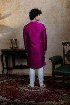 Falling Raw Silk Magenta Perple Rajyog Kurta Set By Hilo Design