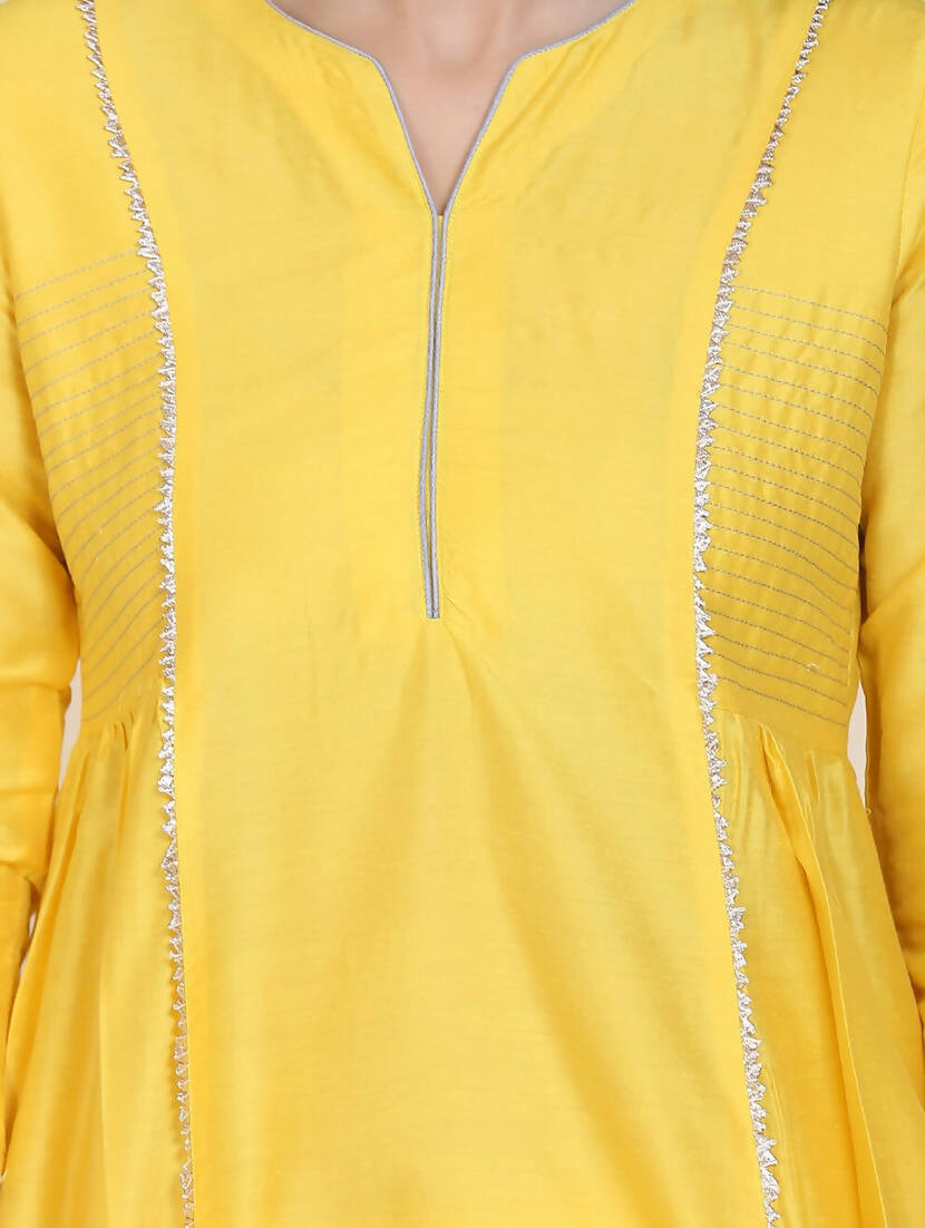 Cheera Women's Yellow Silk Blend With Gota Work Frock Dress With Silk Straight Pant Set