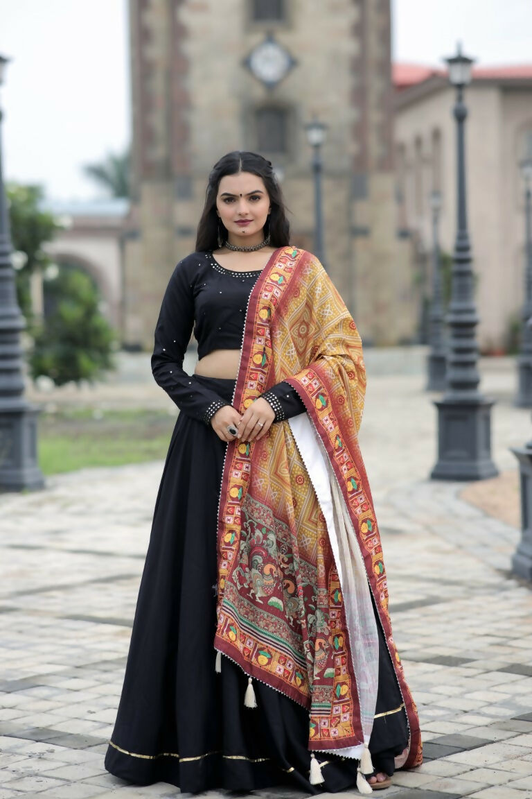Vastranavya Navaratri Collection Gotta Patti Work & Blouse With Real Mirror Work Lehenga Choli - Black