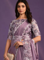 Lavender Crepe Satin Silk Embroidered Saree With Stitched Blouse - Mohmanthan Exotica
