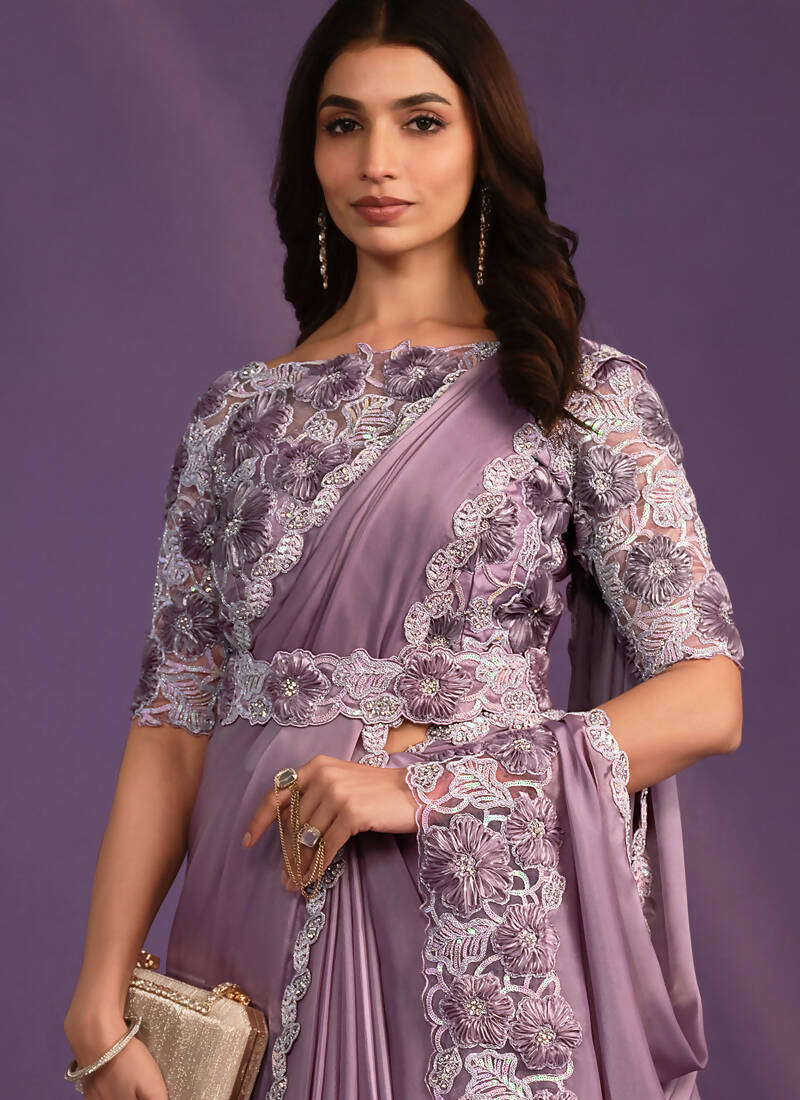 Lavender Crepe Satin Silk Embroidered Saree With Stitched Blouse - Mohmanthan Exotica