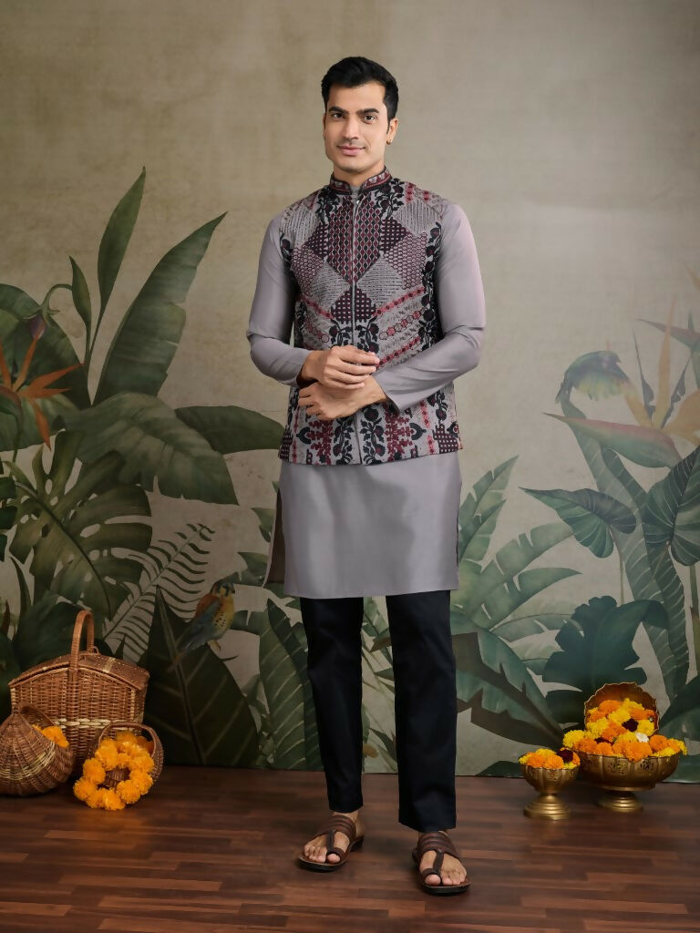 Vastranavya Grey Exclusive Festival Viscose Silk Thread & Swarovski Embroidered Work Mens Wear Kurta & Koti