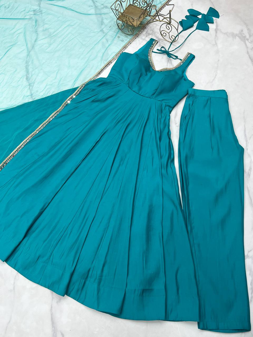 Evanik Rama Pure Romansilk Chanderi Plain Fully Flair Anarkali Suit - Distacart