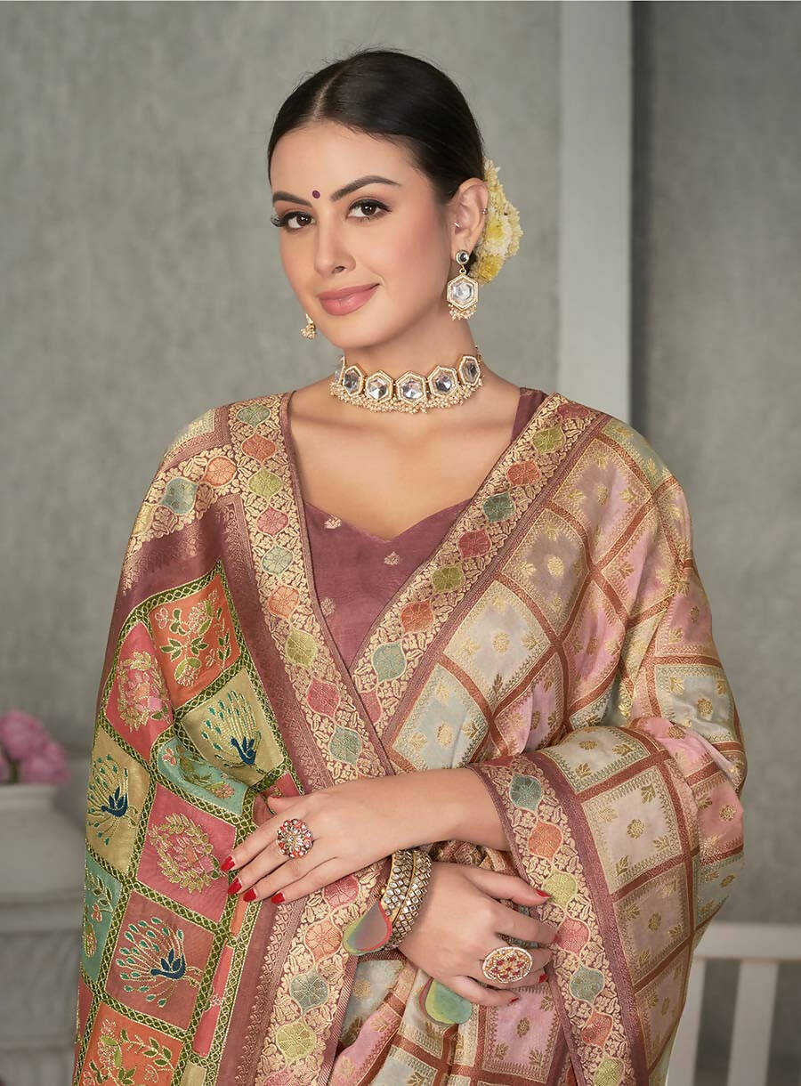 Peach Rangkat Tussar Silk Woven Design Saree with Unstitched Blouse - Mohmanthan Eshani