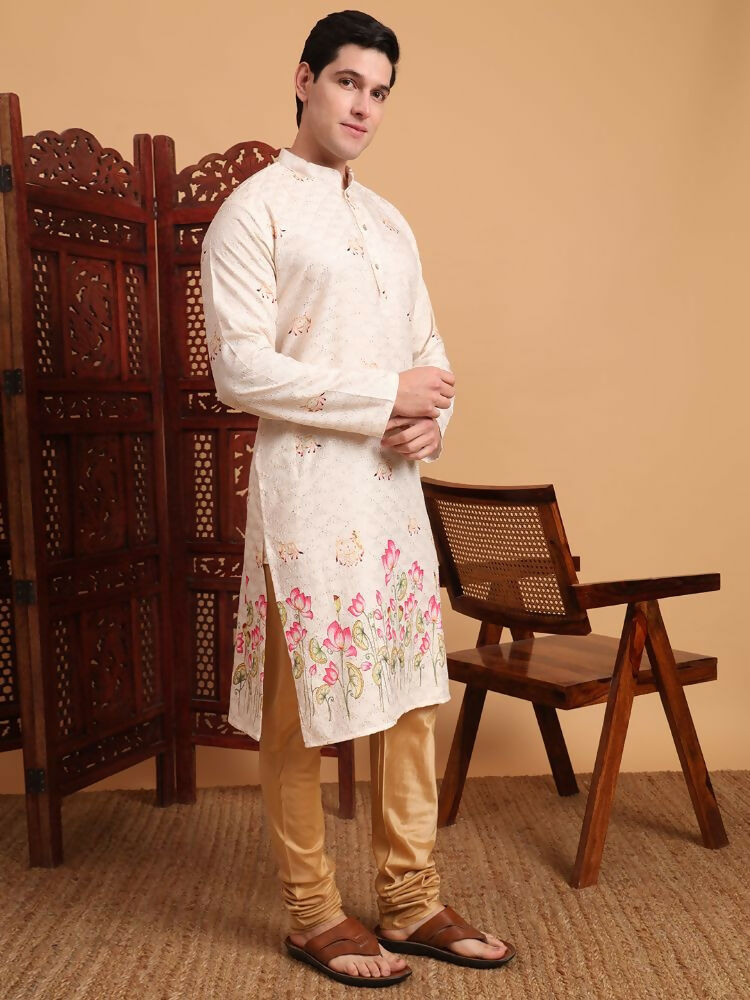 Cream Cotton Printed Chikankari Embroidery Work Kurta - Mahotsav