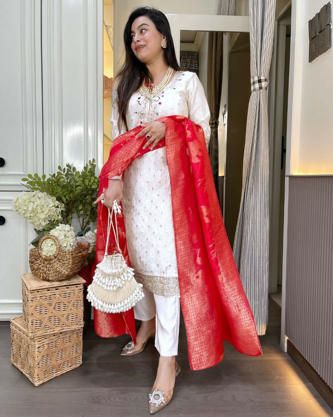 The52 White Women's Beautiful Chanderi Jacquard Fabric Embroidered Work Straight Kurta Pant and Dupatta Set - Distacart