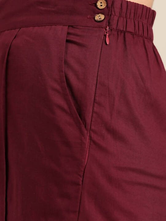 Women Maroon & Golden Pure Cotton Printed Kurta with Palazzos - Vishwa