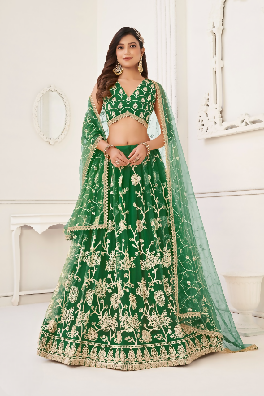 Eilara Women'S Green Butterfly Net With Sequins And Embroidery Work Lehenga Choli For Wedding