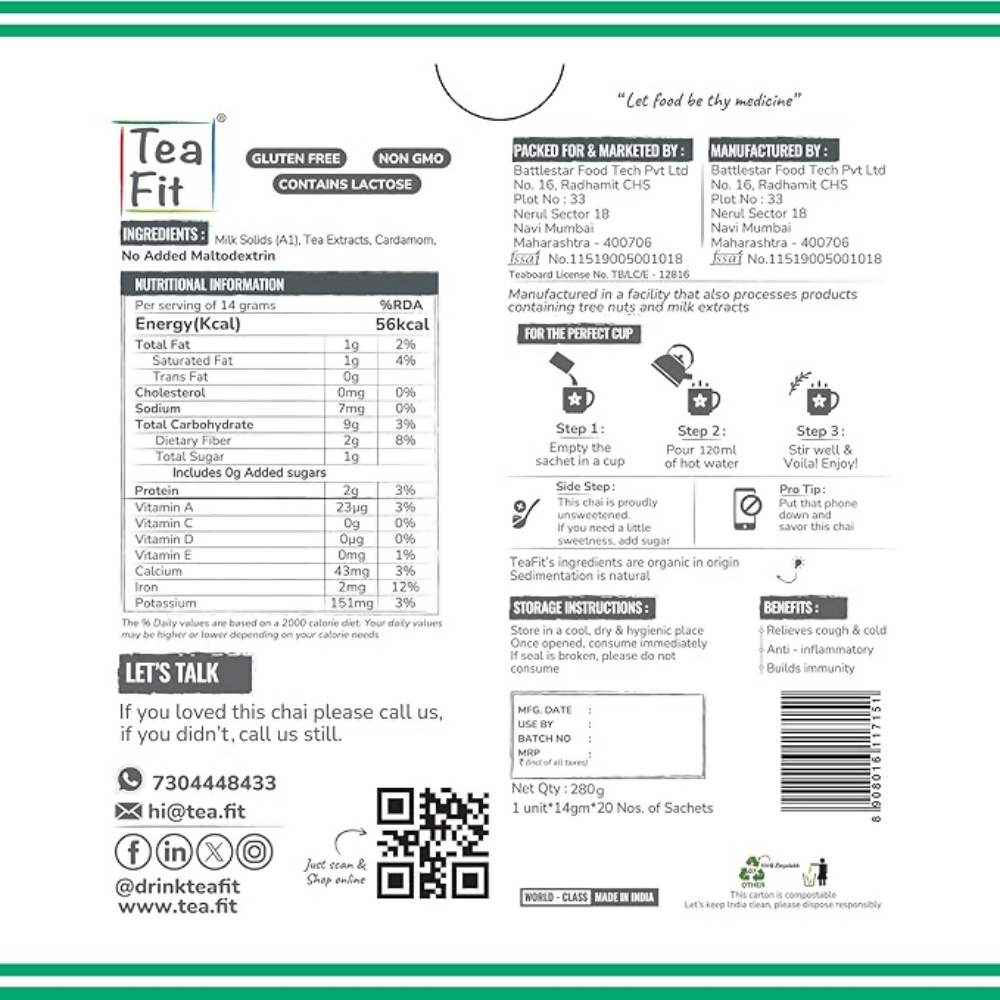 TeaFit Premium NO SUGAR Instant Cardamom Tea Premix - Distacart