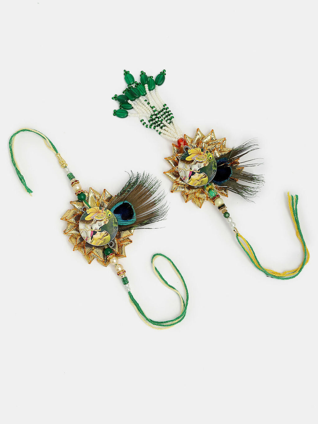 NVR Women & Men Set of 2 Green Radha Krishna Beaded Bhaiya Bhabhi Rakhi With Roli Chawal - Distacart