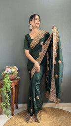 Vastranavya Green Vichitra Silk Zari with Swarovski Work Ready to Wear Saree