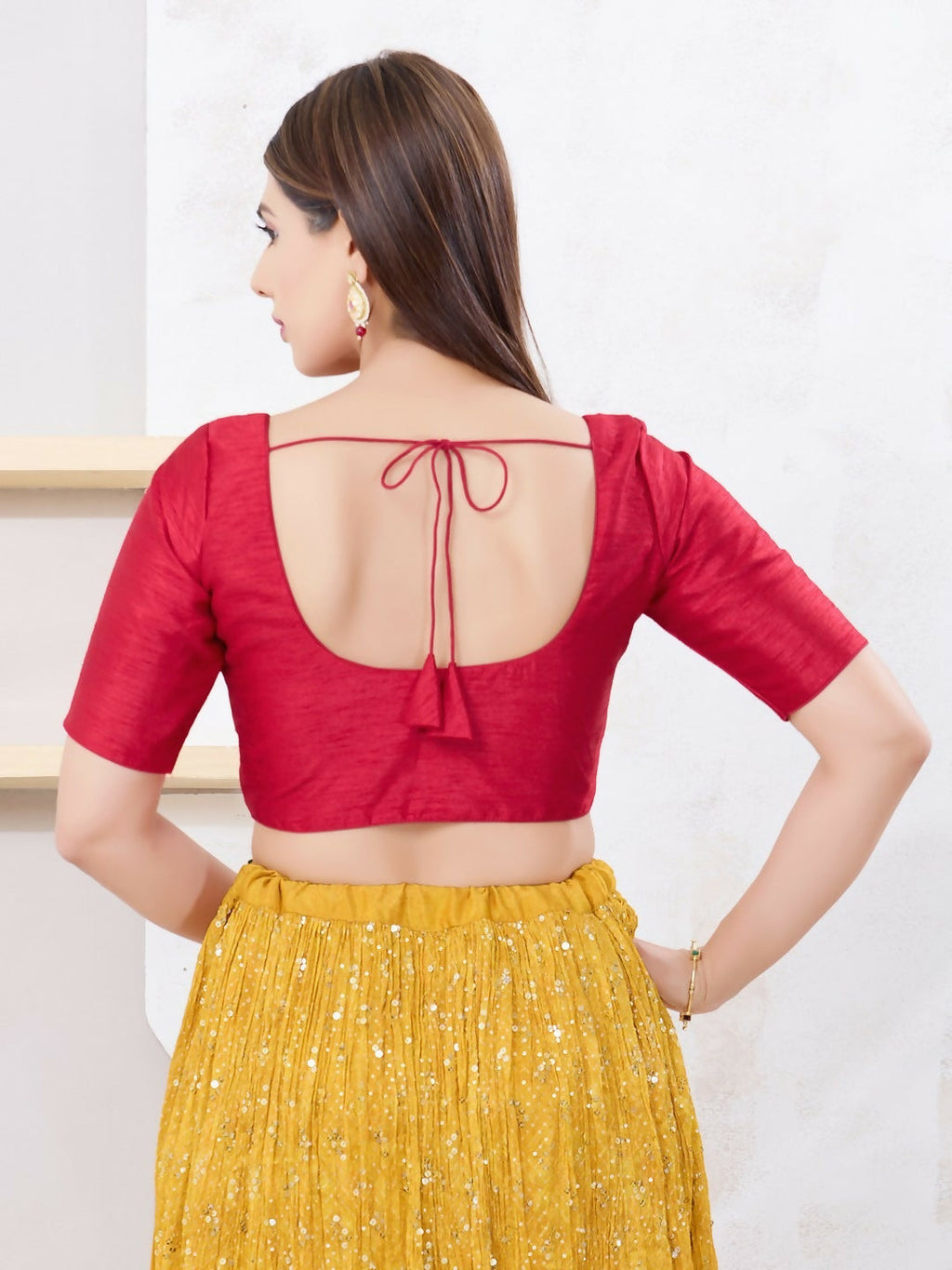Joban Fashion Pinkish-Maroon Dupion Silk Elbow Sleeveless Front Open Blouse