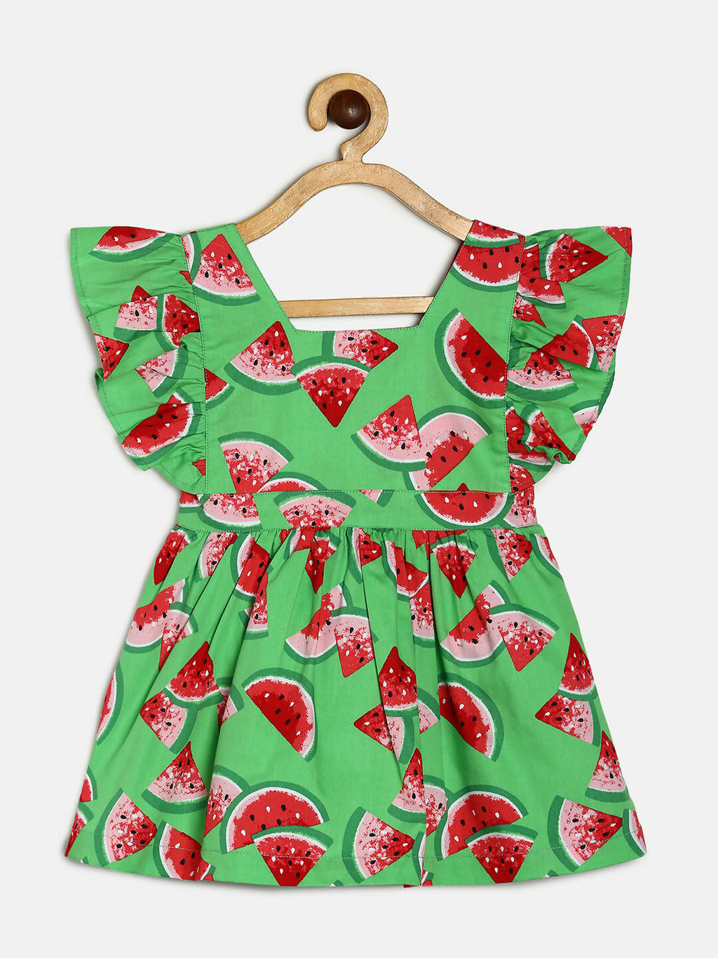 Manet Girls Cotton V Neck Frill Frock Watermelon Printed - Green