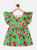 Manet Girls Cotton V Neck Frill Frock Watermelon Printed - Green
