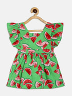 Manet Girls Cotton V Neck Frill Frock Watermelon Printed - Green