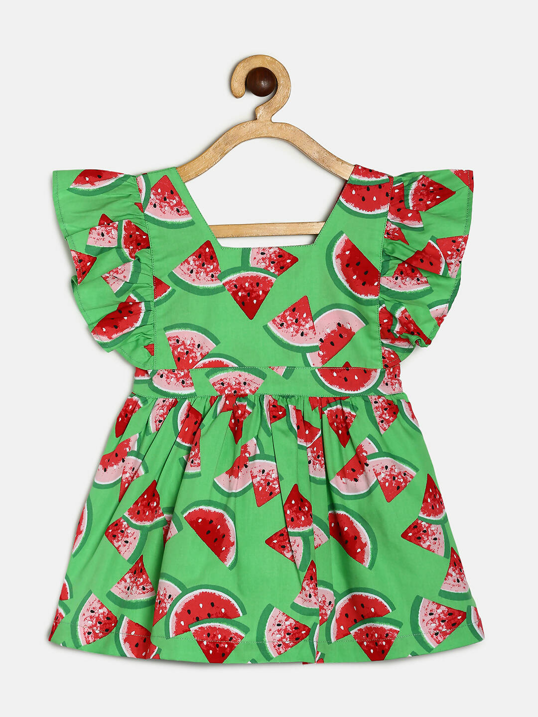 Manet Girls Cotton V Neck Frill Frock Watermelon Printed - Green