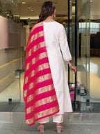 The52 White Women's Gorgeous Embroidered Work Chanderi Fabric Flared Kurta Pant and Dupatta Set - Distacart