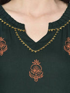 Aniyah Rayon Bottle Green Block Print Straight Kurta (AN-218K)