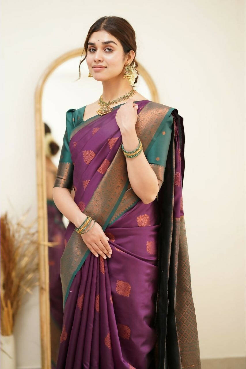 DEIANA'S Beautiful Designer Golden zari Soft Lichi Silk Saree - Purple