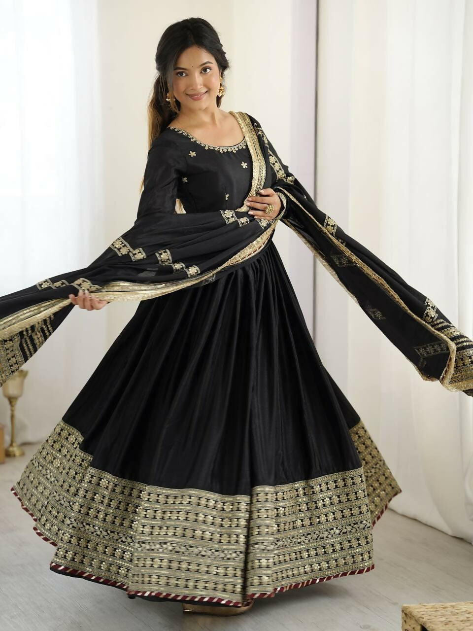 Teeya Creation Black Chinon Silk Gown - Distacart