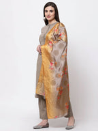 Myshka Women's Khaki Cotton Solid 3/4 Sleeve Mandarin Neck Casual Kurta Pant Dupatta Set