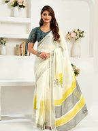 Joban Fashion Off-White Striped Linen Ready To Wear Saree With Unstitched Blouse - Distacart
