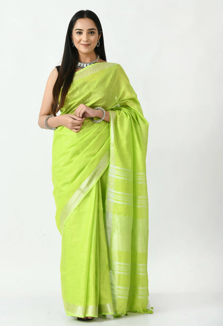 Mominos Fashion Moeza Parrot Green Bhagalpuri Handloom Silk Linen Saree with unstitched Blouse piece