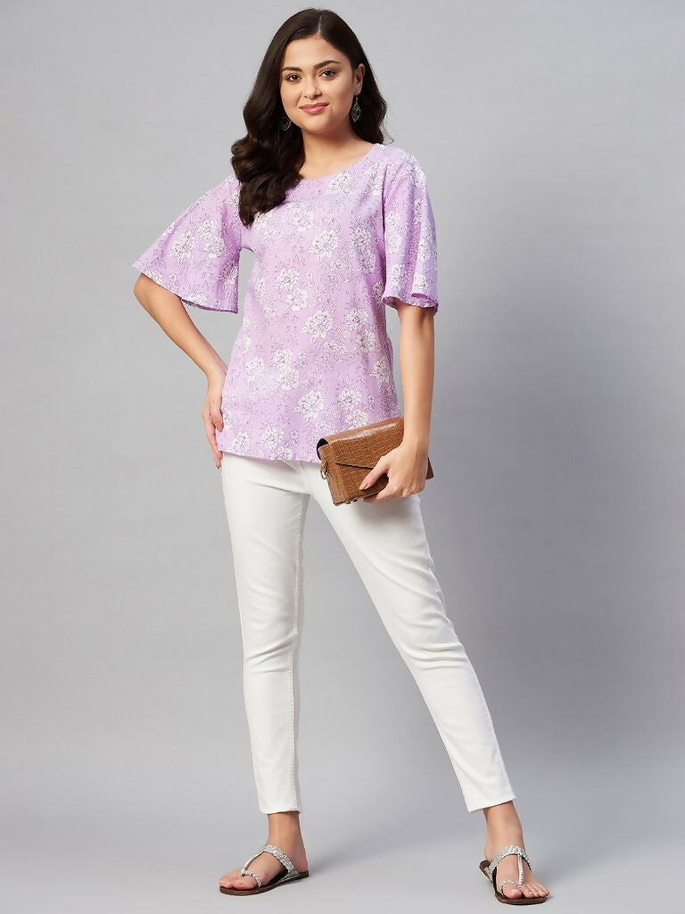 Miravan Women's Lavender-Coloured Bell Sleeve Floral Print Kurti