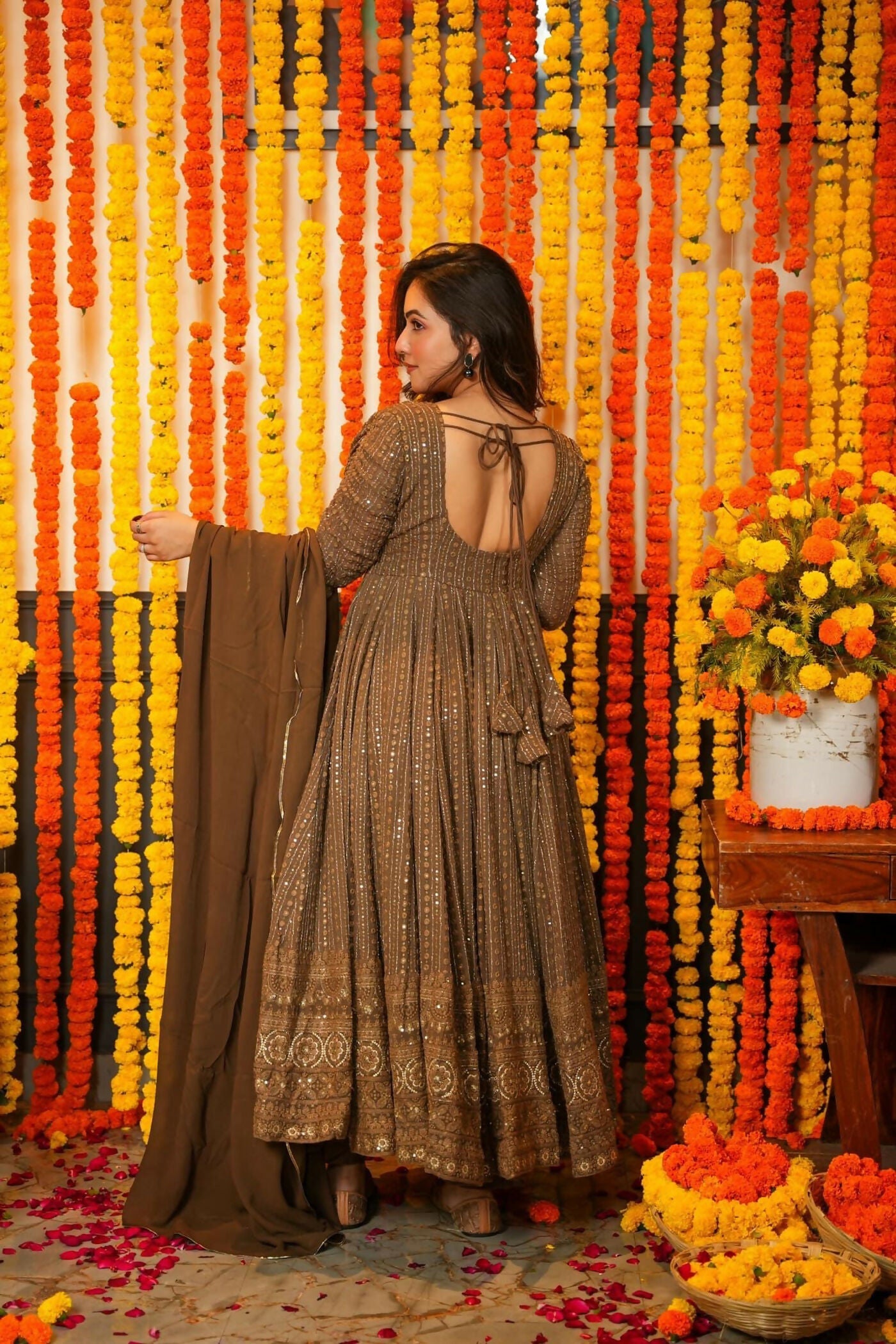 Aayaa Designer Embroidery Zari Sequins Work Faux Blooming Georgette Suit - Brown - Distacart