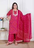 Miravan Plus Size Women'S Pink Bandhani Printed Straight Kurta With Palazzo & Dupatta - Distacart