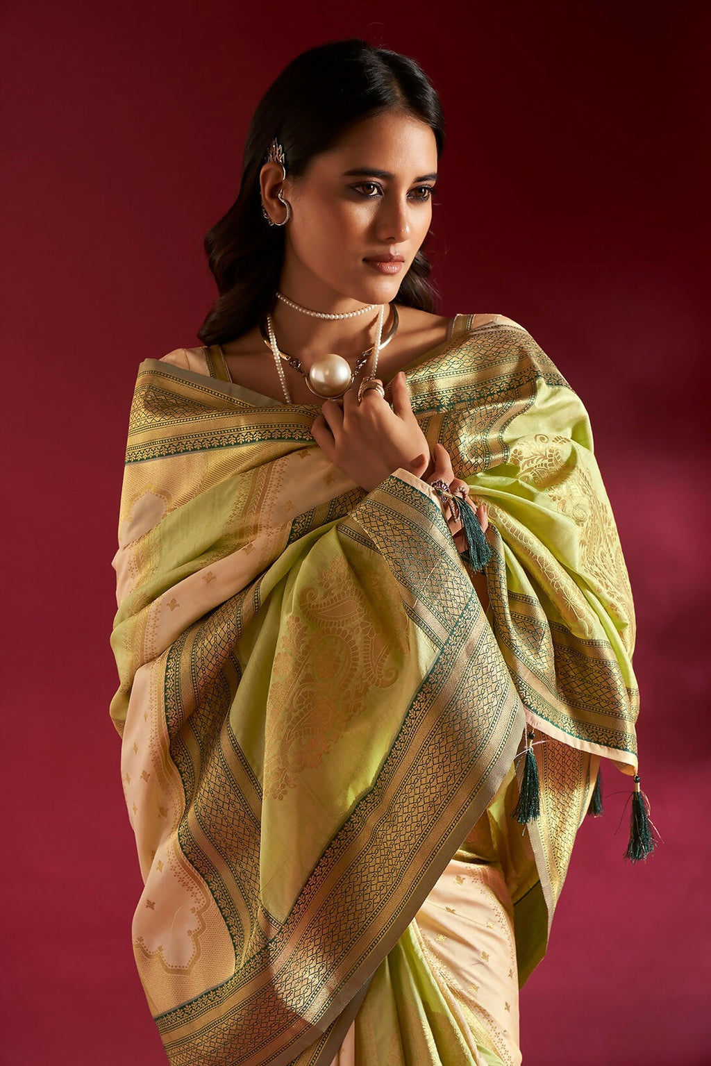 Joban Fashion Cream & Parrot Green Plain With Weaving Border Banarasi Silk Sarees