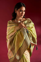 Joban Fashion Cream & Parrot Green Plain With Weaving Border Banarasi Silk Sarees