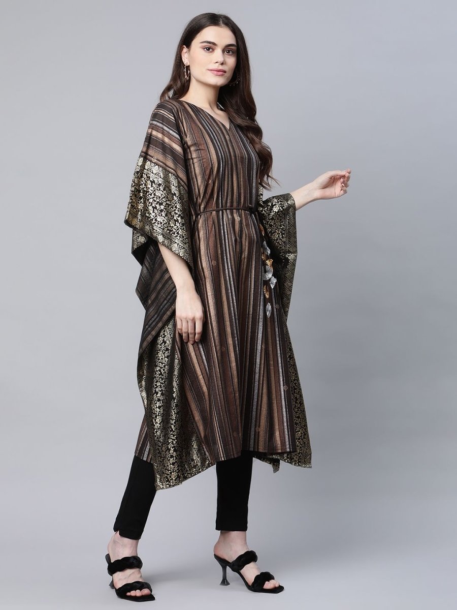 Ahalyaa Women Brown Georgette Gold Silver Printed Kaftan Kurta - Distacart