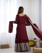 Joban Fashion Maroon Kurta Set Silk Sequins , Zari, Coding & Thread Embroidered work - Distacart